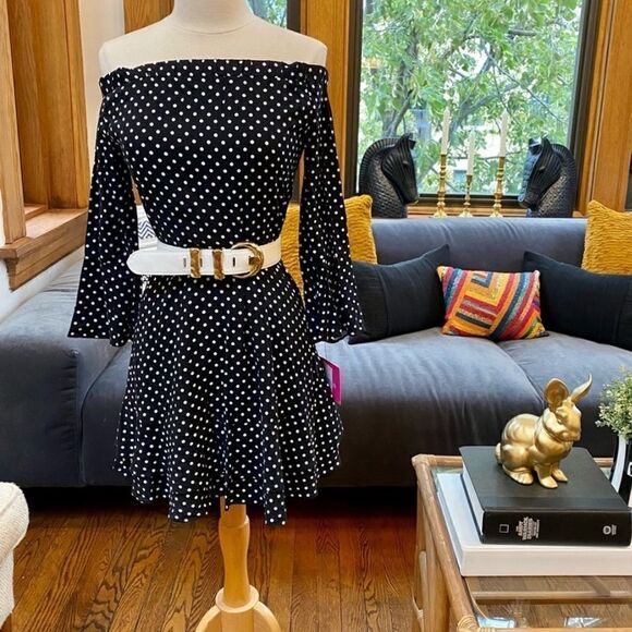 Peak 90s Gal Vintage Deadstock Off Shoulder Polka Dot Mini - Picture 6 of 14